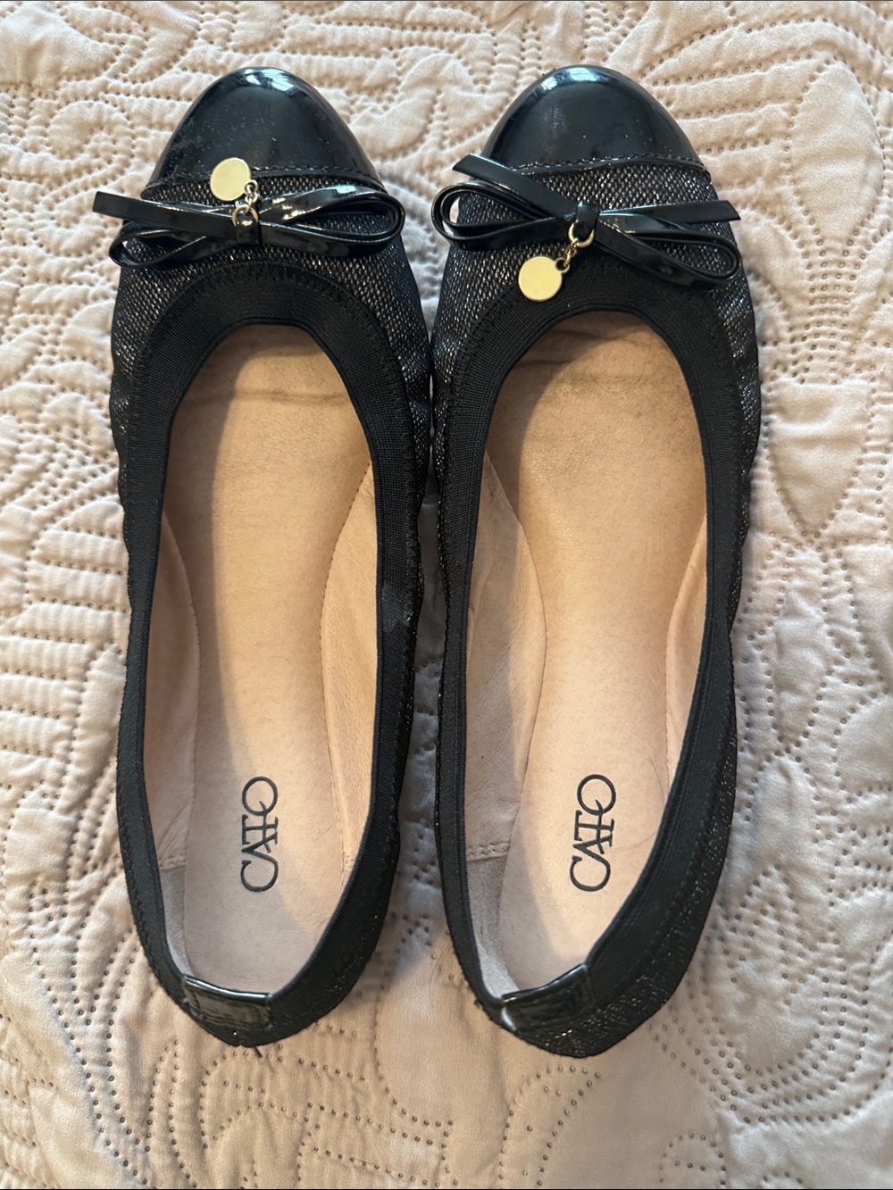 Cato Black Patent Toe Ballet Flats with Bow & Gold Charm